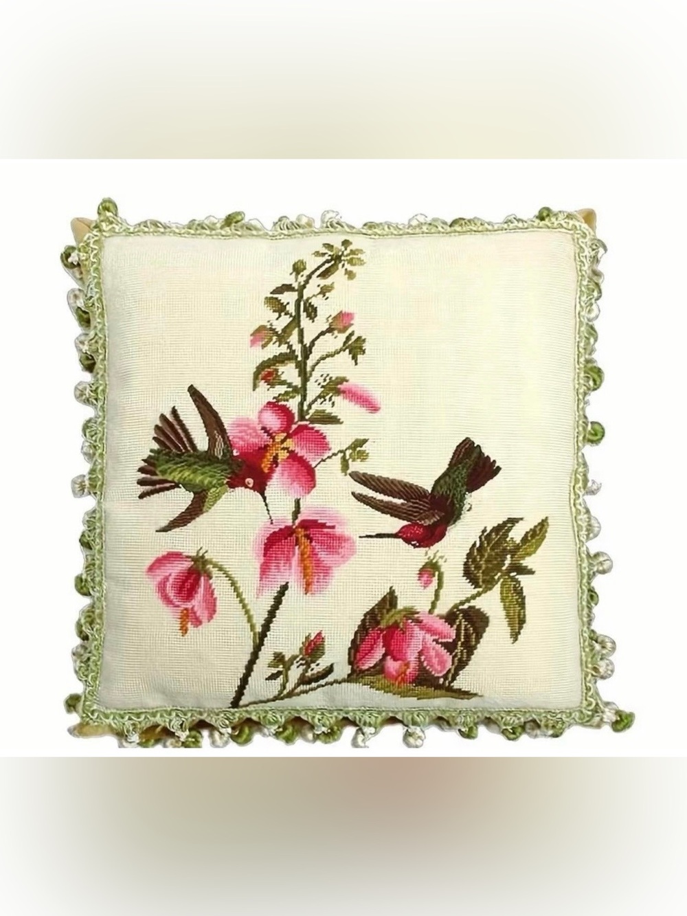 Embroidered Hummingbird Floral Pillow Cover - Pink & Green